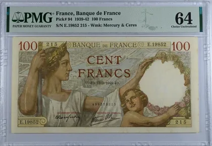 1941 France 100 franc Francs PMG 64