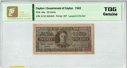 1942 Sri Lanka 25 cents 豹子尾 TQG 25