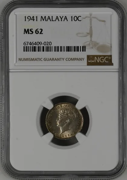 1941 馬來亞 10仙 NGC MS62 評級銀幣
